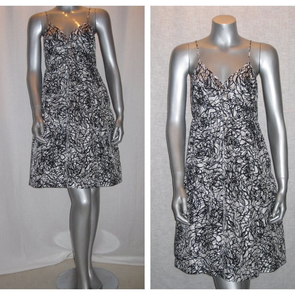 THEORY White/Black Rose Print Silk Tiered Dress